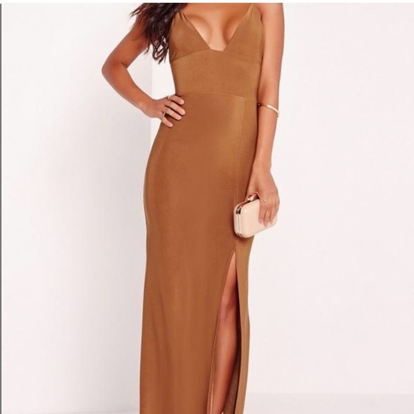 Missguided Dresses & Skirts - Missguided Brown / bronze spaghetti strap Maxi Dress with Plunge Neckline formal